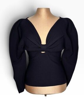 Avec Les Filles Navy‎ Blue Bow Front Puff Shoulder Knit Top XS